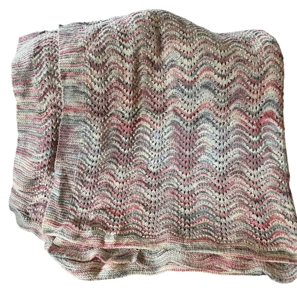Handmade Crochet Knit Afghan Throw Blanket Pinks Cream Gray Ripple Wave Pattern